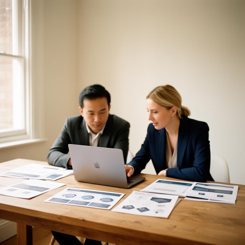 Two Filorus consultants reviewing a client strategy together in a bright UK studio