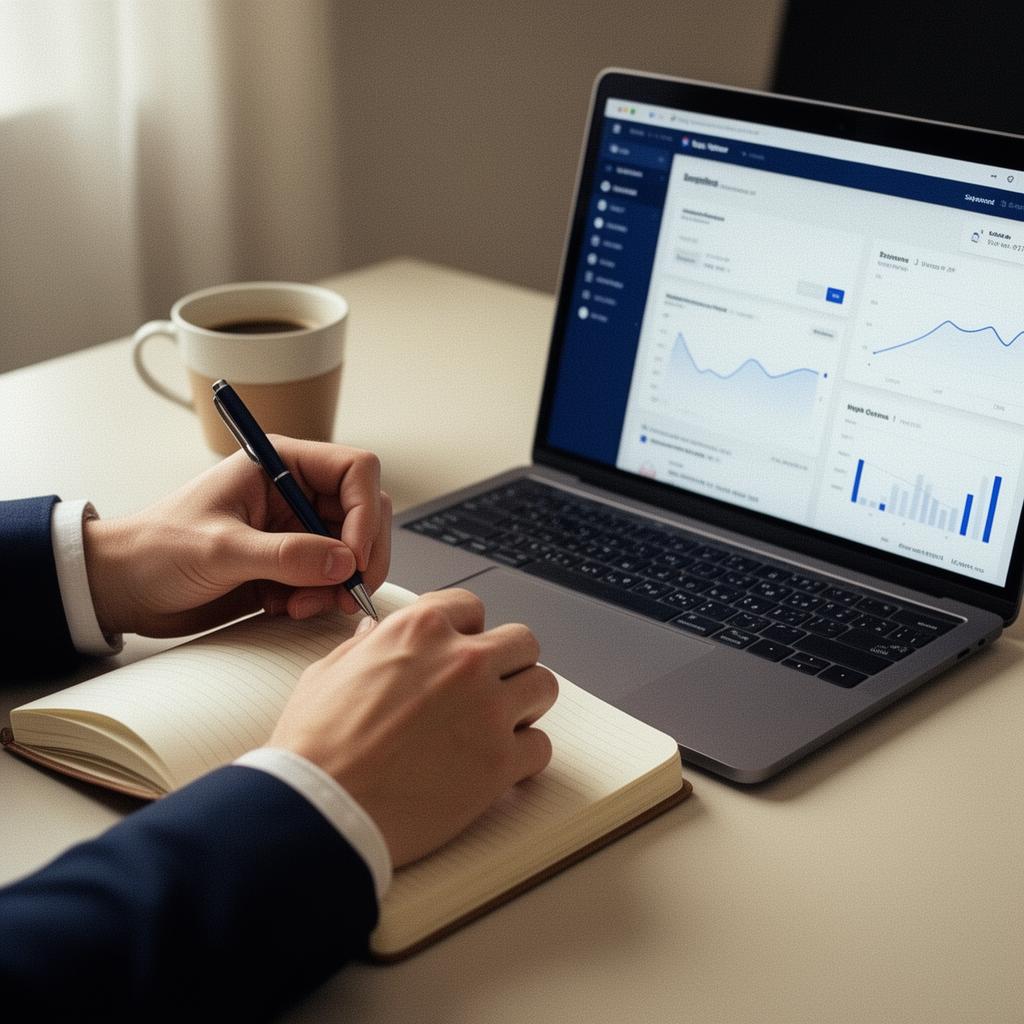 A Filorus consultant taking notes next to an analytics dashboard on a laptop